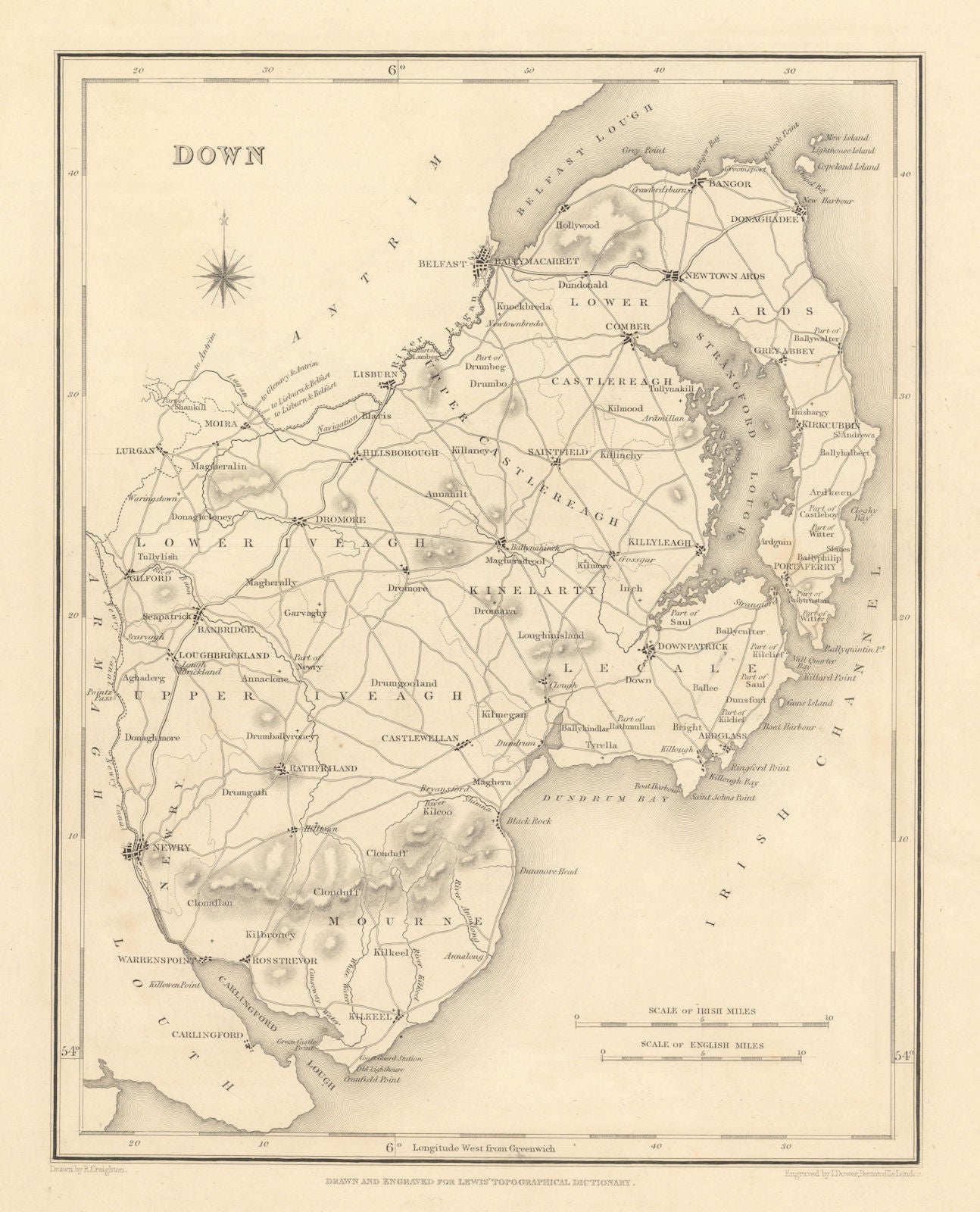 COUNTY DOWN antique map for LEWIS by CREIGHTON & DOWER - Ulster 1837 old